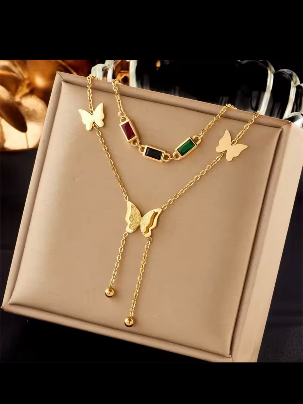 Gold Butterfly Layered Necklace with Colorful Accent Stones